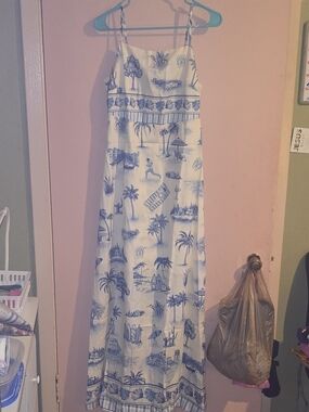 NWT Endless Moon Blue Ocean Horizon Toile Print Maxi Dress Poly Size L